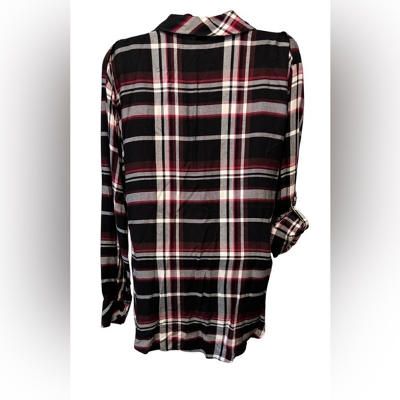Sanctuary Boyfriend Flannel Tunic Shirt Sz M Roll Tab Sleeve Black Red Plaid - Picture 4 of 10